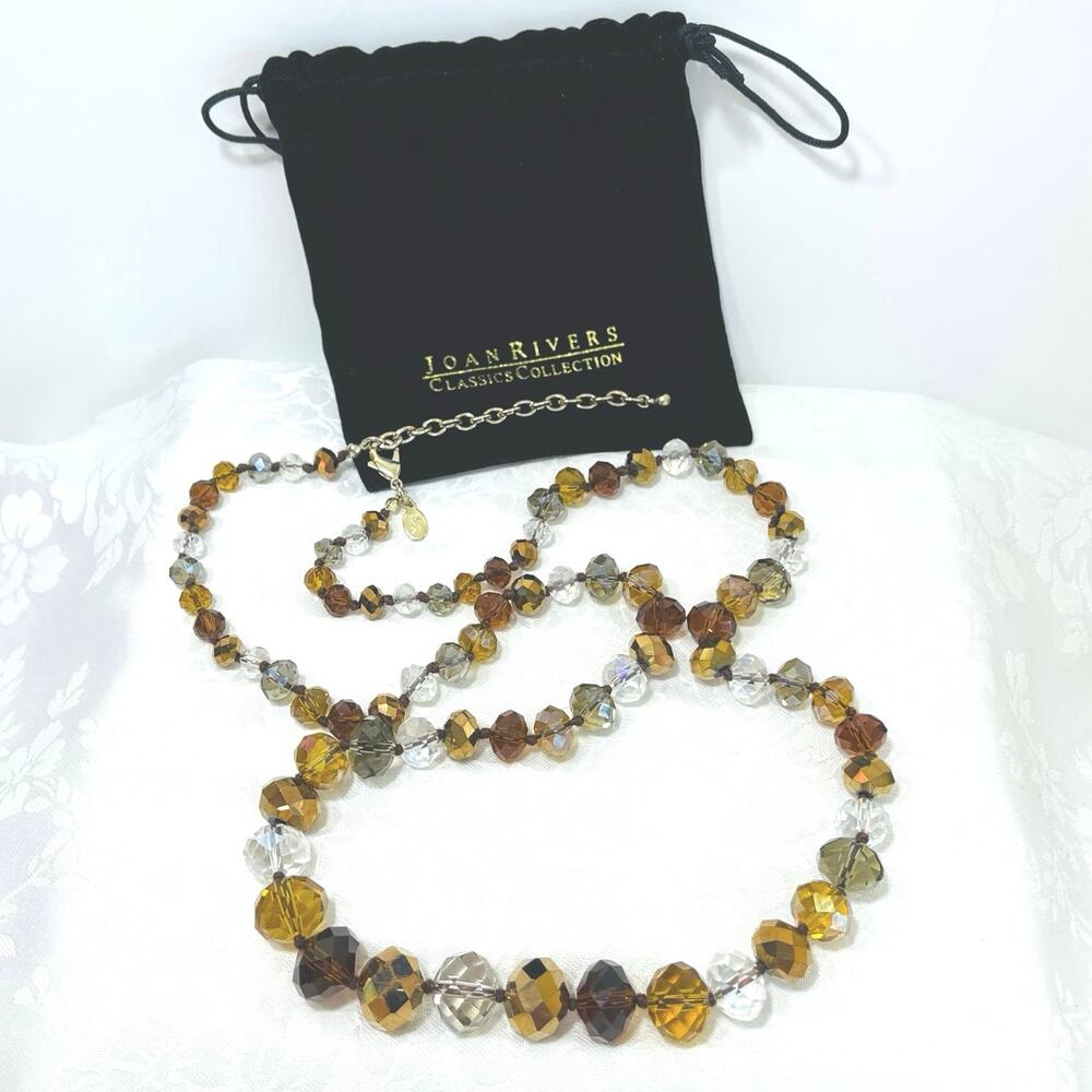 Necklace Vtg JOAN RIVERS Faceted Crystal Bead Graduated Earth Tones Long Signed